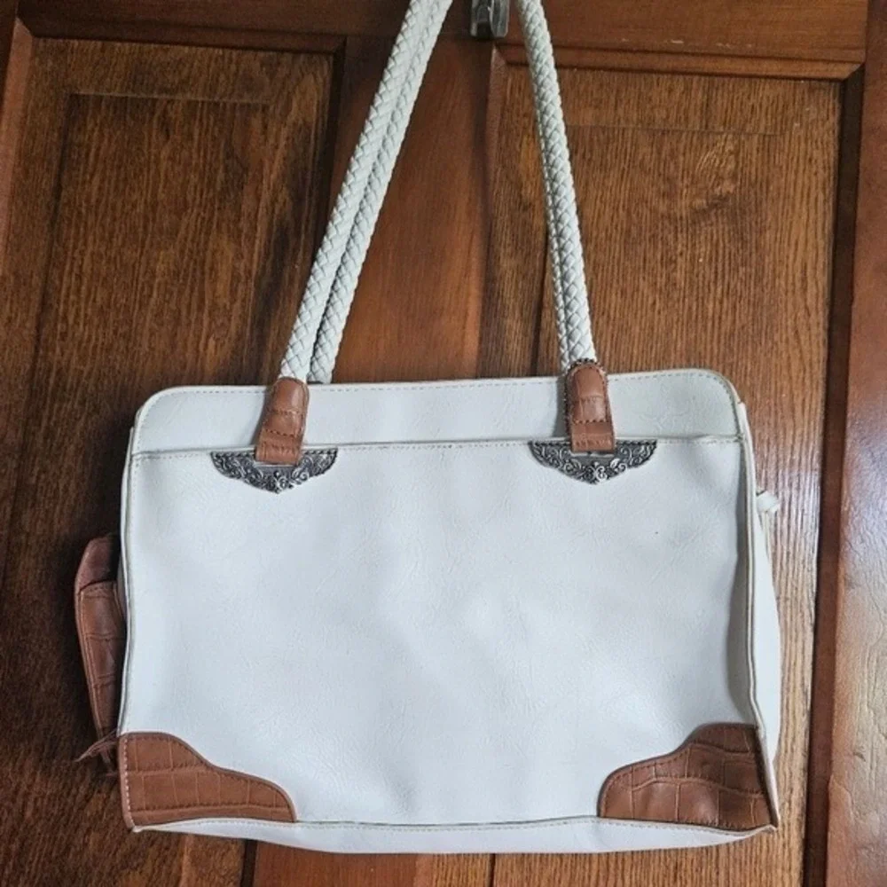 Bueno White & Cognac Faux Leather Shoulder Bag Country Chic Boho Handbag